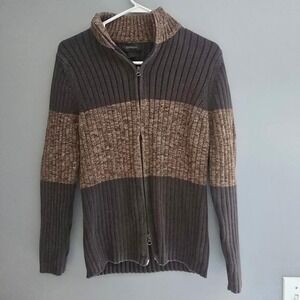 Express Mens Ribbed Full Zip Sweater Brown Gray Striped Vtg Y2K 90s Cotton Small